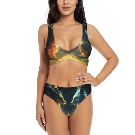 Zeuib Firefly Forest Fox High Waisted Tummy Control Bikini Set - Knot Front Push Up Top & Cheeky Thong Bottom  Two-Piece Swimsuit for Women-XX-Large