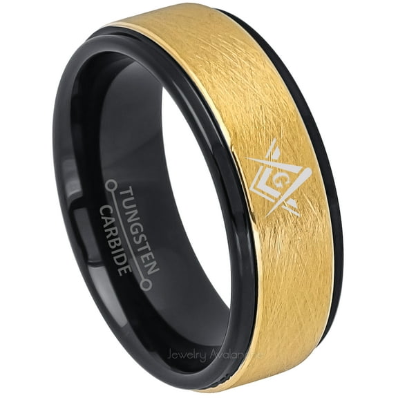 Masonic Tungsten Ring - Freemason Masonic Symbol Ring - 8MM Yellow & Black IP Men's Tungsten Carbide Ring TN717MSs9