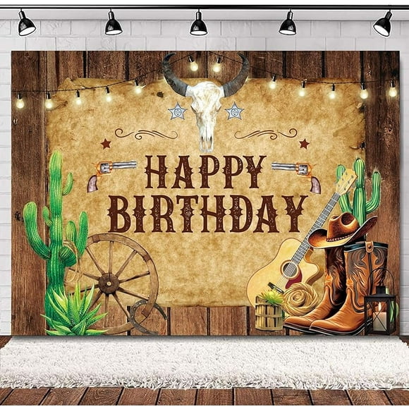 Cowgirl Western Birthday Backdrop Rustic Country Boho Wooden Plank Pink Flower Happy Birthday Baby Shower Wood Hat Retro Decorations Photography Background Banner Photo Booth Studio