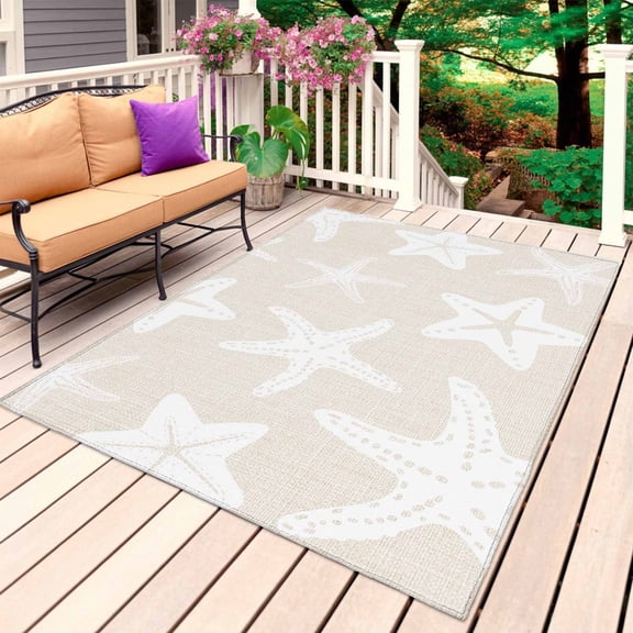 Beige White Starfish Coastal Outdoor Rug for Patio/Deck/Porch, Non-Slip Large Area Rug 6 x 9 Ft, Nautical Summer Ocean Abstract Art Indoor Outdoor Rugs Washable Area Rugs, Camping Rug Carpet Runner