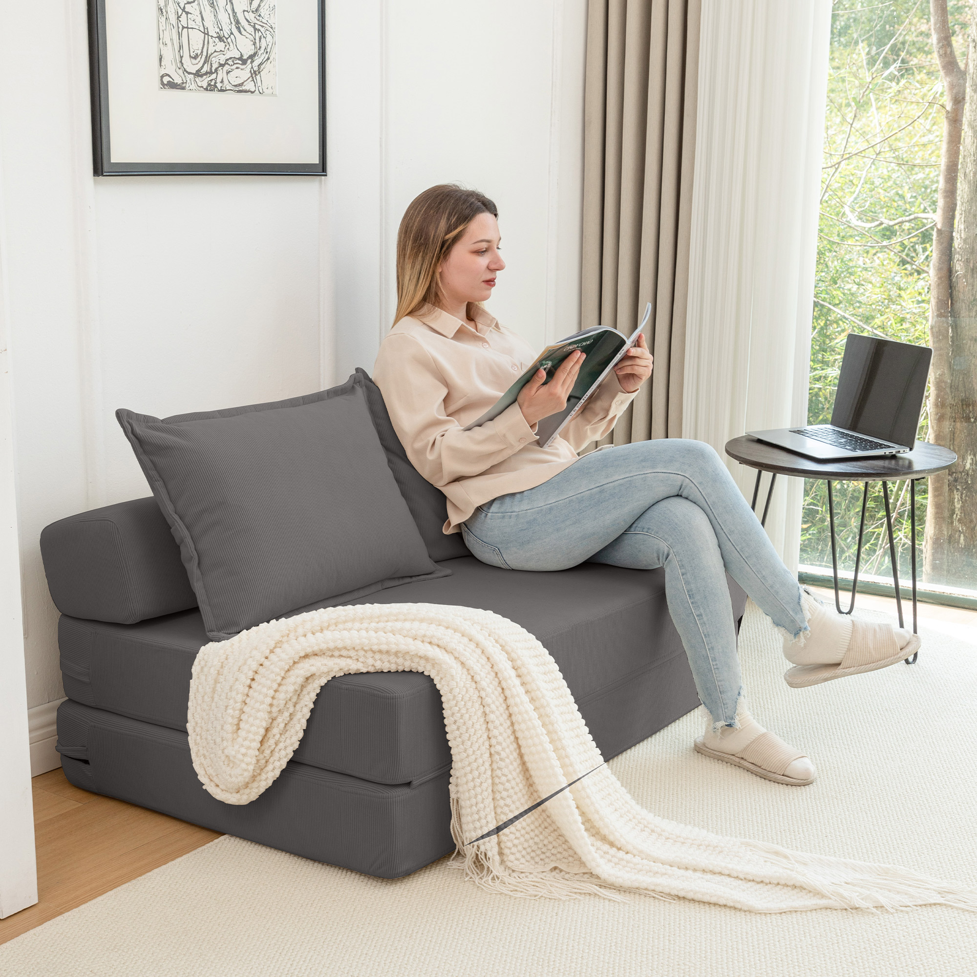 Aukfa Twin Folding Sofa Bed Sleeper Chair with Pillows, Corduroy Convertible Floor Couch Mattress for Living Room, Dorm, Guest Room, Gray