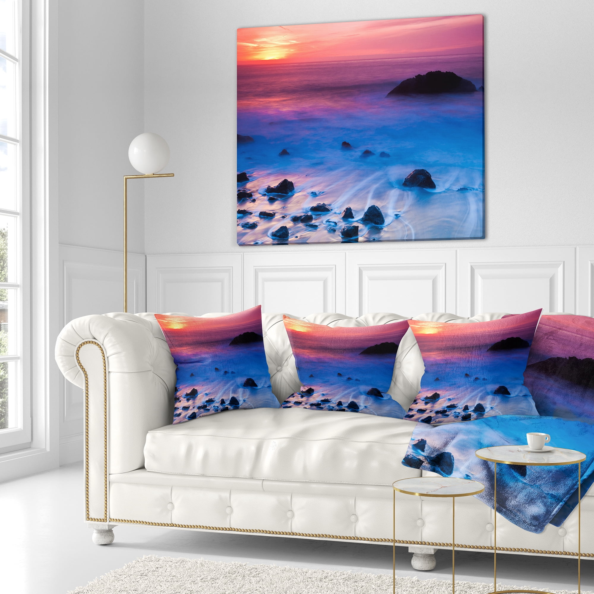 Designart Bright Colorful Rocky Coast Panorama - Seashore Throw Pillow - 16x16