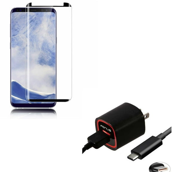 Compatible With Samsung Galaxy S9 - Tempered Glass Screen Protector Anti-Glare Matte w 2.4Amp Rapid Home Wall Travel Charger USB 6ft Type-C Cable