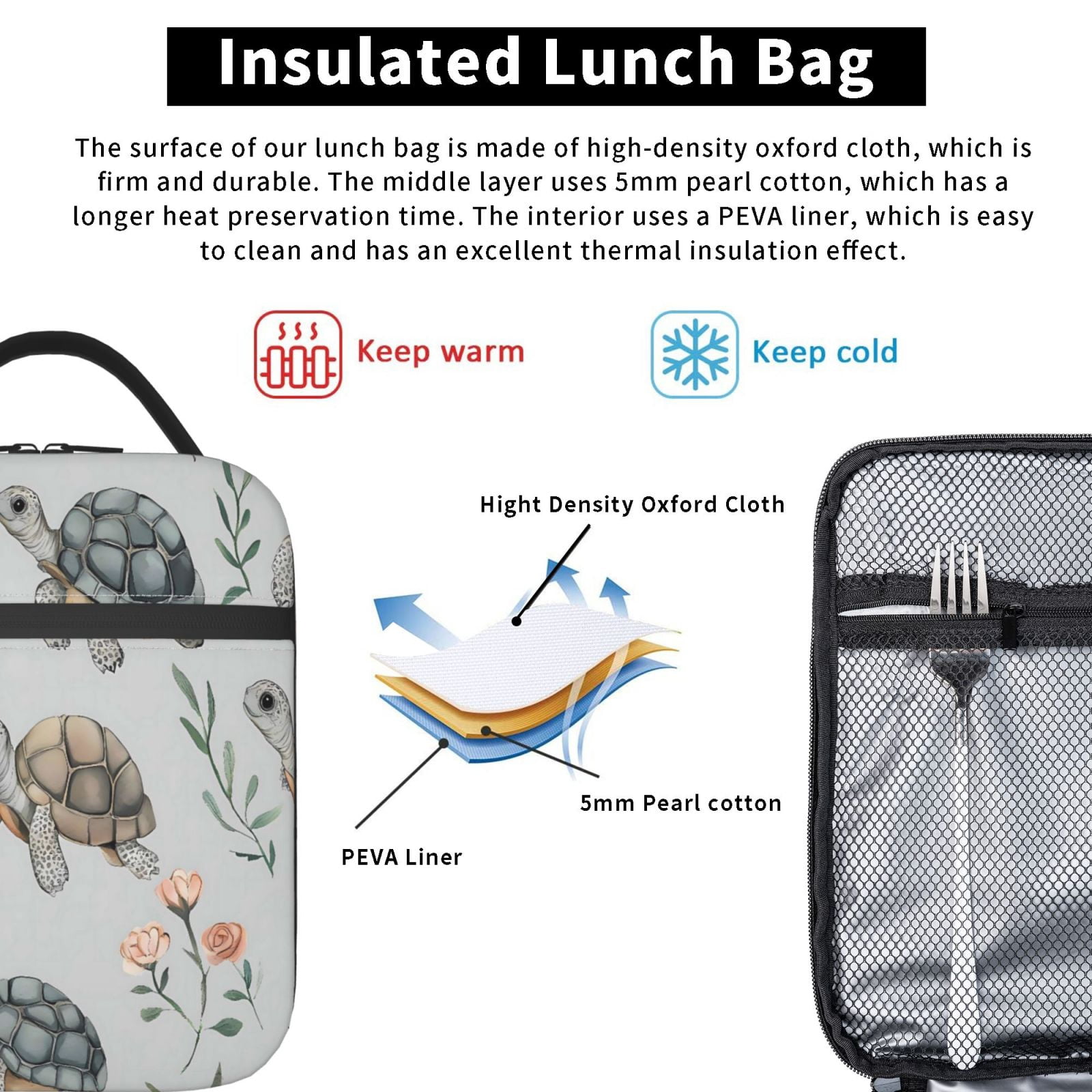 Lunch Bag For Women Men Insulated Portable Lunch Box Bento Box Office Picnic Travel Cooler Bag Turtle And Flower