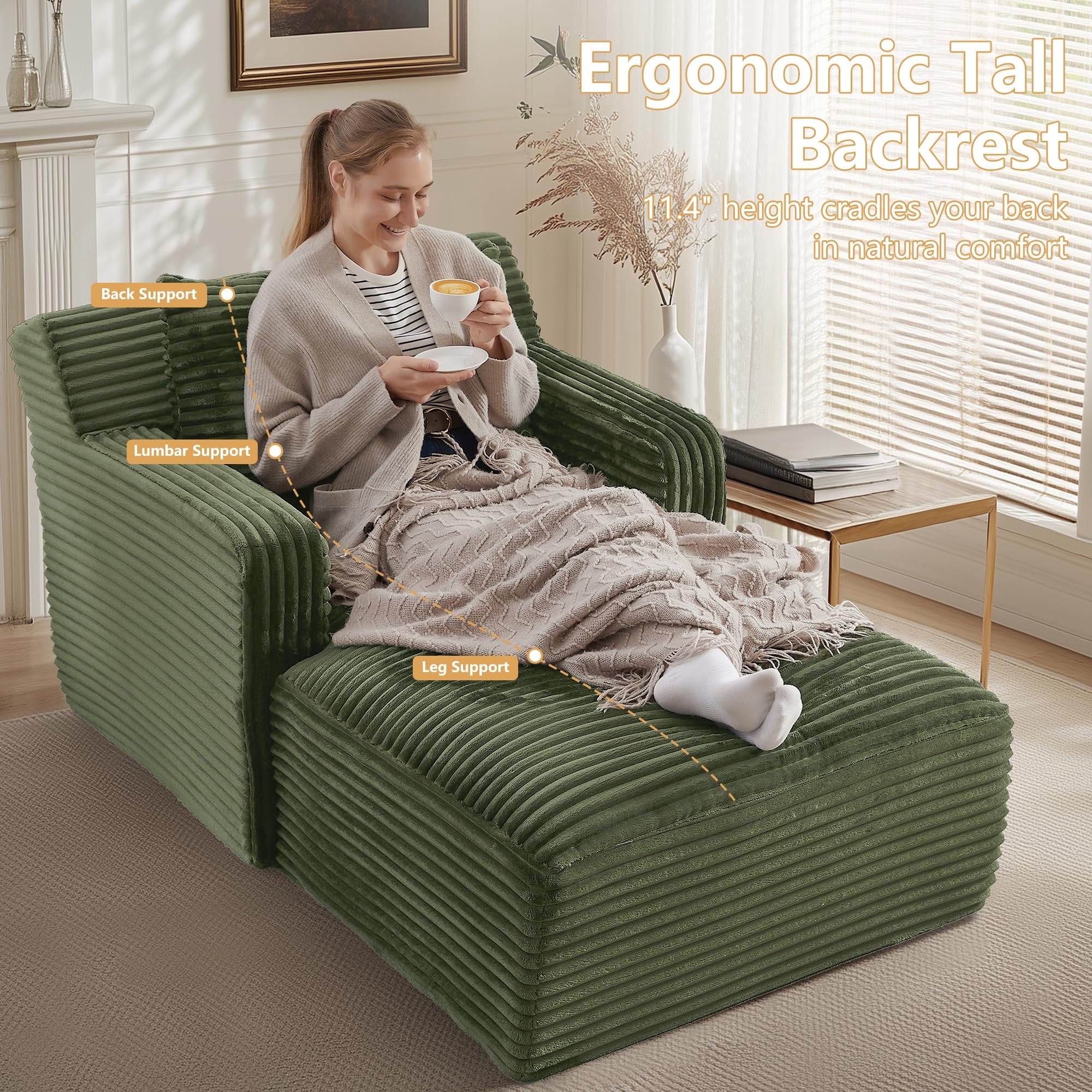 GNIXUU 65.4" Oversized Chaise Lounge Chair Indoor, Modern Corduroy Couch, Comfy Upholstered Boneless Sleeper Sofa with 3 Throw Pillows, Fluffy Reading Chairs Bed for Living Room,Green