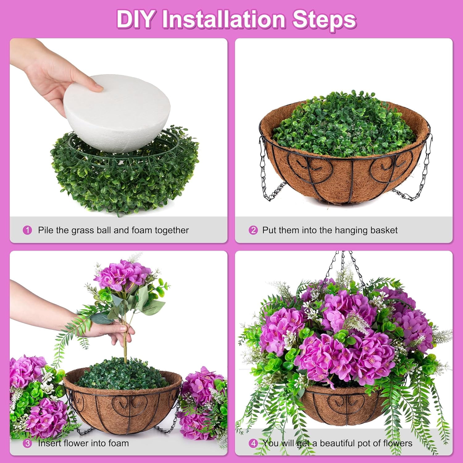 Artificial Flowers in Hanging Basket Planter for Home Spring Decoration, Silk Hydrangea Outdoor Indoor Arrangements, 12" Metal Coconut Lining Basket with Faux Plant(Champagne)