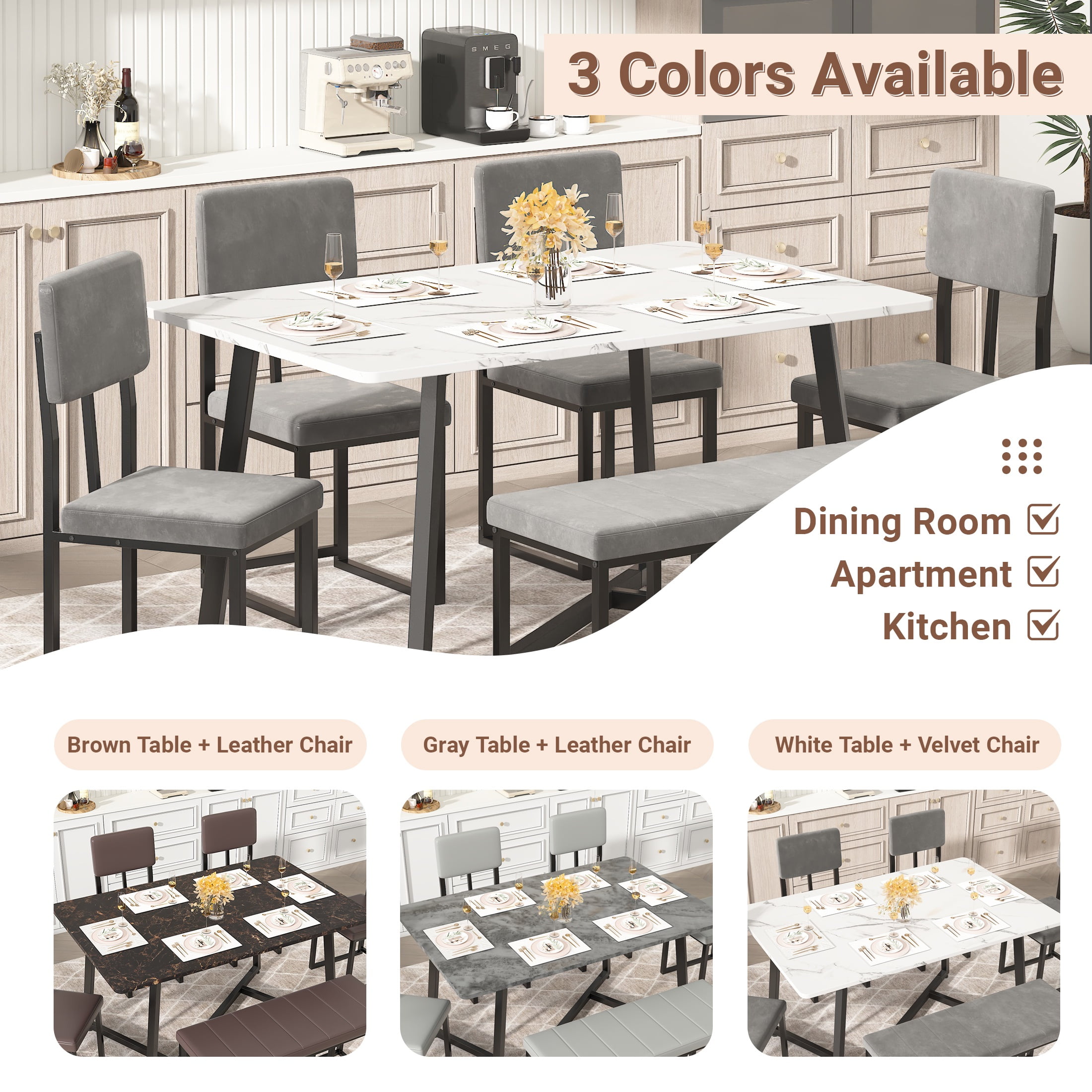PORKISS Dining Room Set for 6, Modern Dining Table Set for 6 with Faux Marble Table, 4 Velvet Chairs and 1 Cushion Bench, Metal Frame, White + Gray + Black