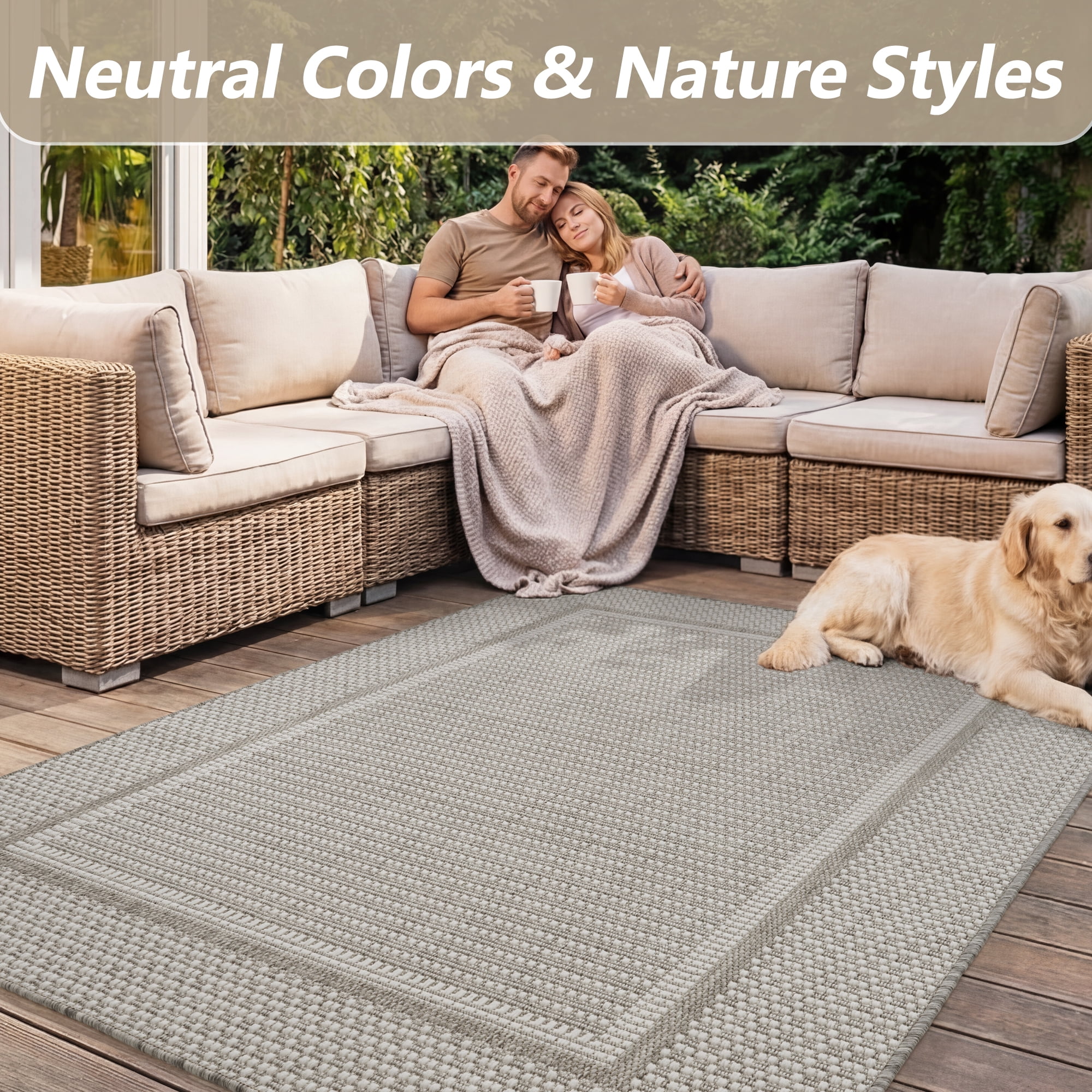 SIXHOME Outdoor Rugs 4'x6' Patio Rug Modern Bordered Indoor Outdoor Rugs Polypropylene Washable Non Shedding, Easy Clean, Waterproof, Durable Outdoor Carpet for Porch Balcony Deck Neutral Gray