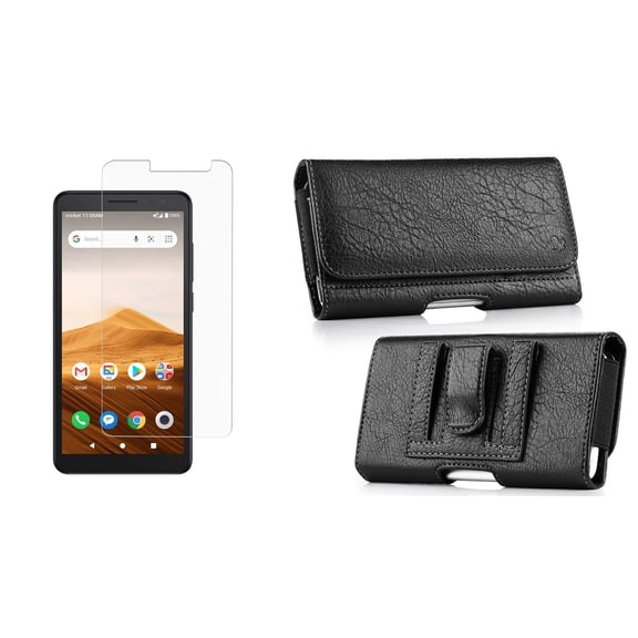 Bemz Holster Bundle for Alcatel Apprise (Cricket Wireless): PU Leather Phone Carrying Belt Holster Pouch Case (Cards Slot/Coins Holder) with Tempered Glass Screen Protector - Black