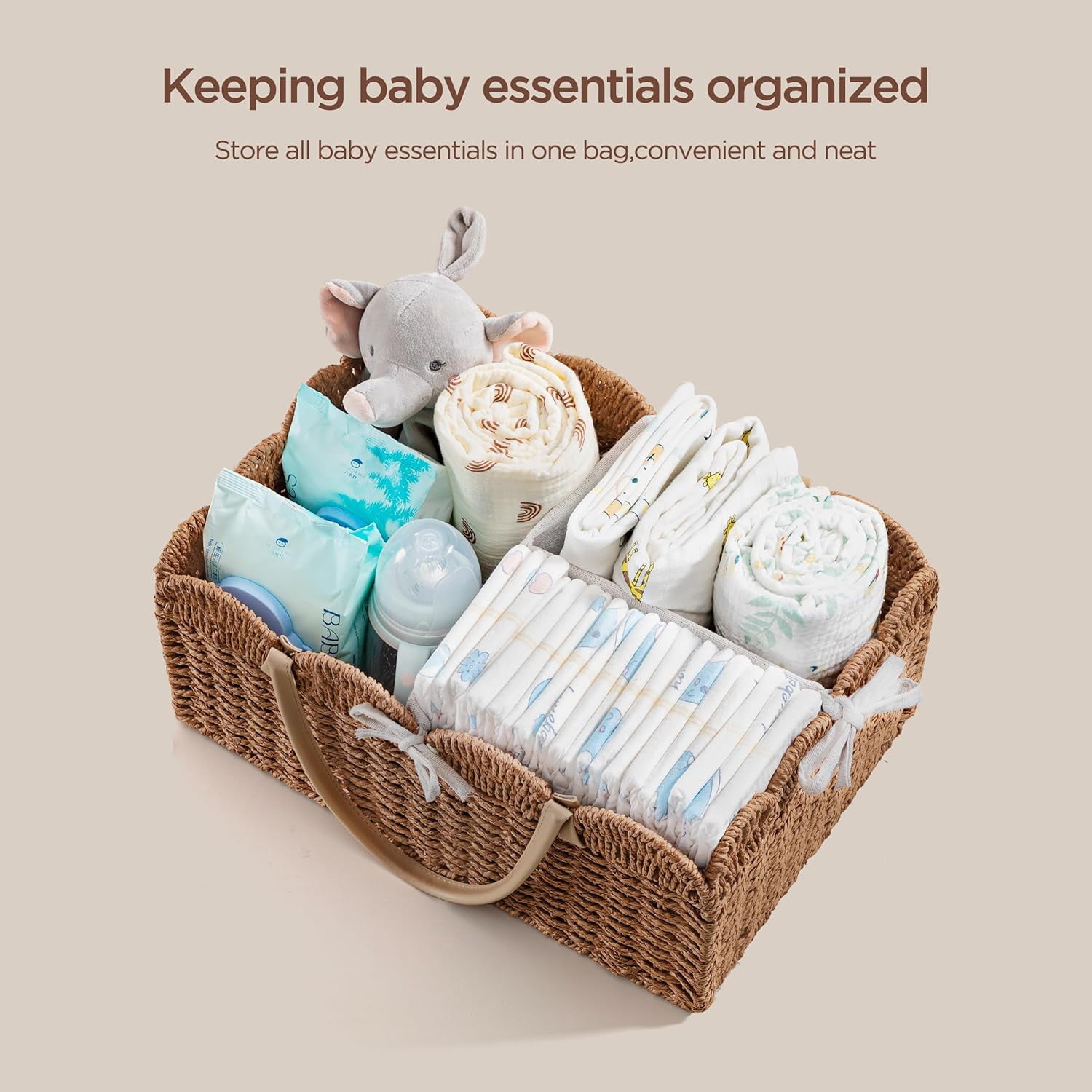Baby Diaper Caddy, Paper Rope Storage Baskets Nursery Bin with Removable Divider, Portable Car Organizer for Diapers, Baby Shower Gifts, Newborn Essentials Must Haves