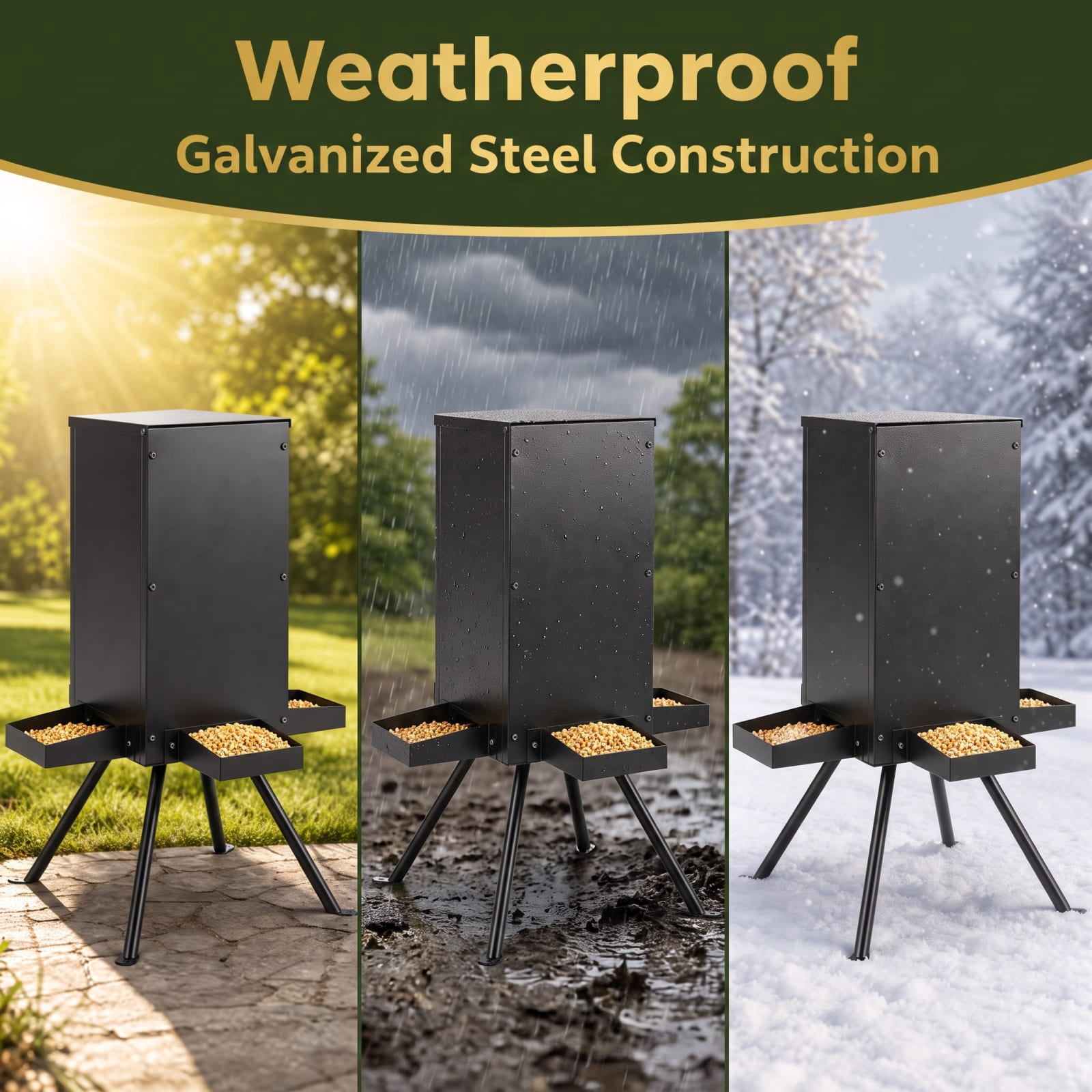 Vebreda 90LB Gravity Deer Feeder with 4 Feeding Trays and 4-Leg Stand, More Feed, Less Refills, Built for Outdoor Seasons, Dry Corn Protection