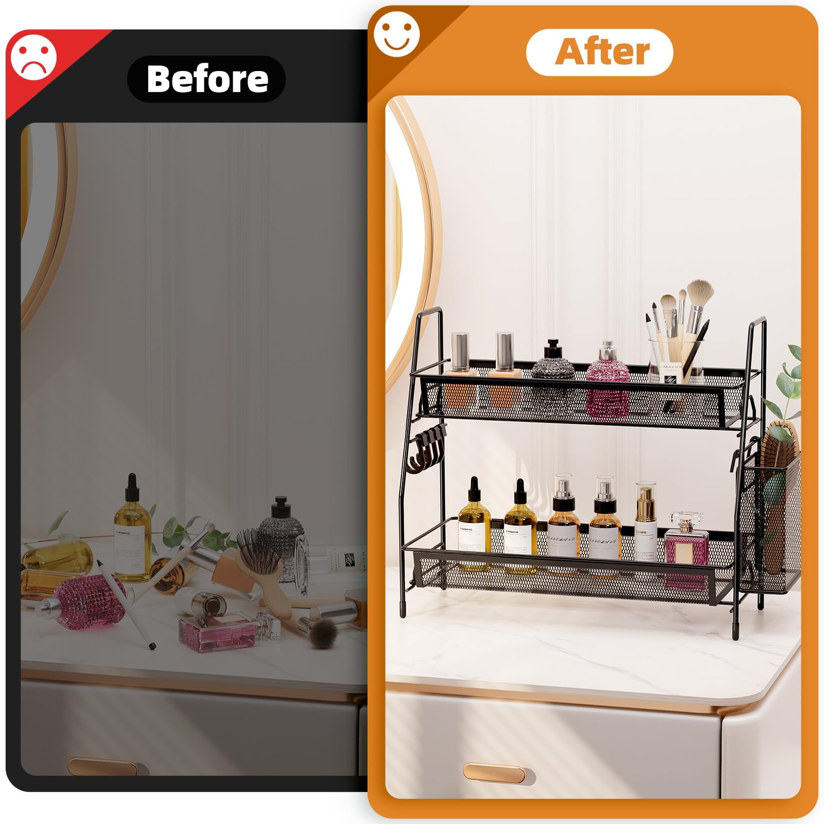 Subekyu 2-Tier Bathroom Organizer Countertop, Metal Wire Mesh Bathroom Counter Organizer Storage with Basket Hooks