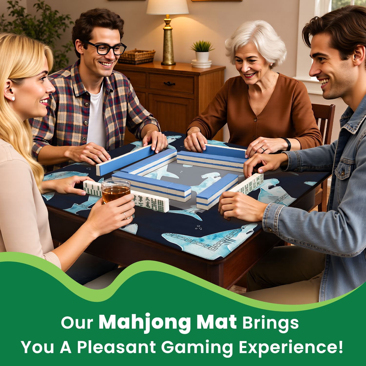 Mahjong Mat 31.5" x 31.5" Seamless watercolor hammerhead shark Non-Slip Noise Reduction American Mahjong Tiles Table Cover for Dominoes Poker Card Board Games Gift