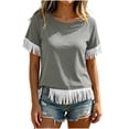 thumbnail image 2 of Women's Vintage Fringed Patchwork Round-Neck Short-Sleeve Blouse for Spring Summer, 2 of 8