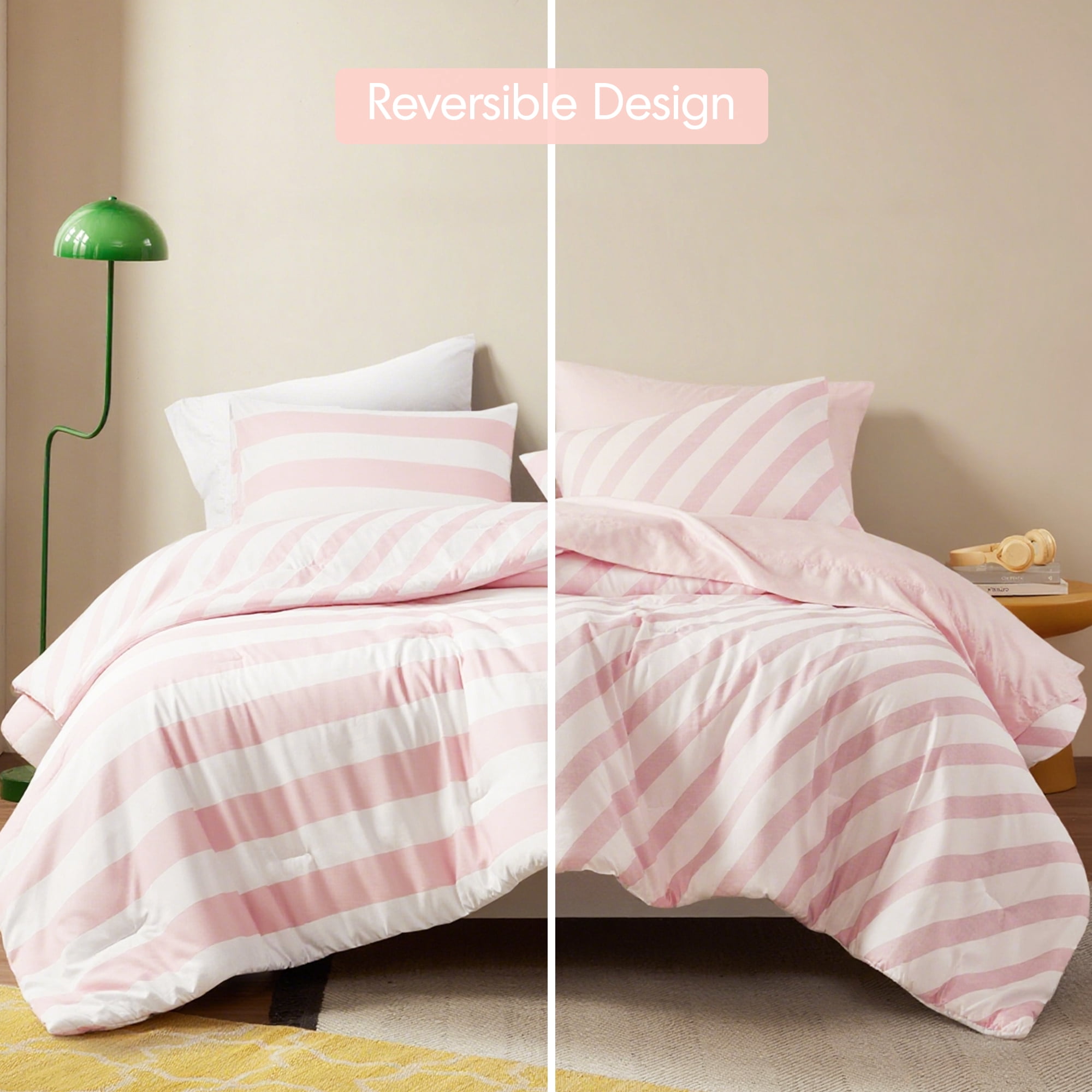 Regency Heights Essential Full/Queen Size Comforter Sets, 3-Piece Bedding Set Full/Queen, Reversible Striped Comforter Bed Set, Blush