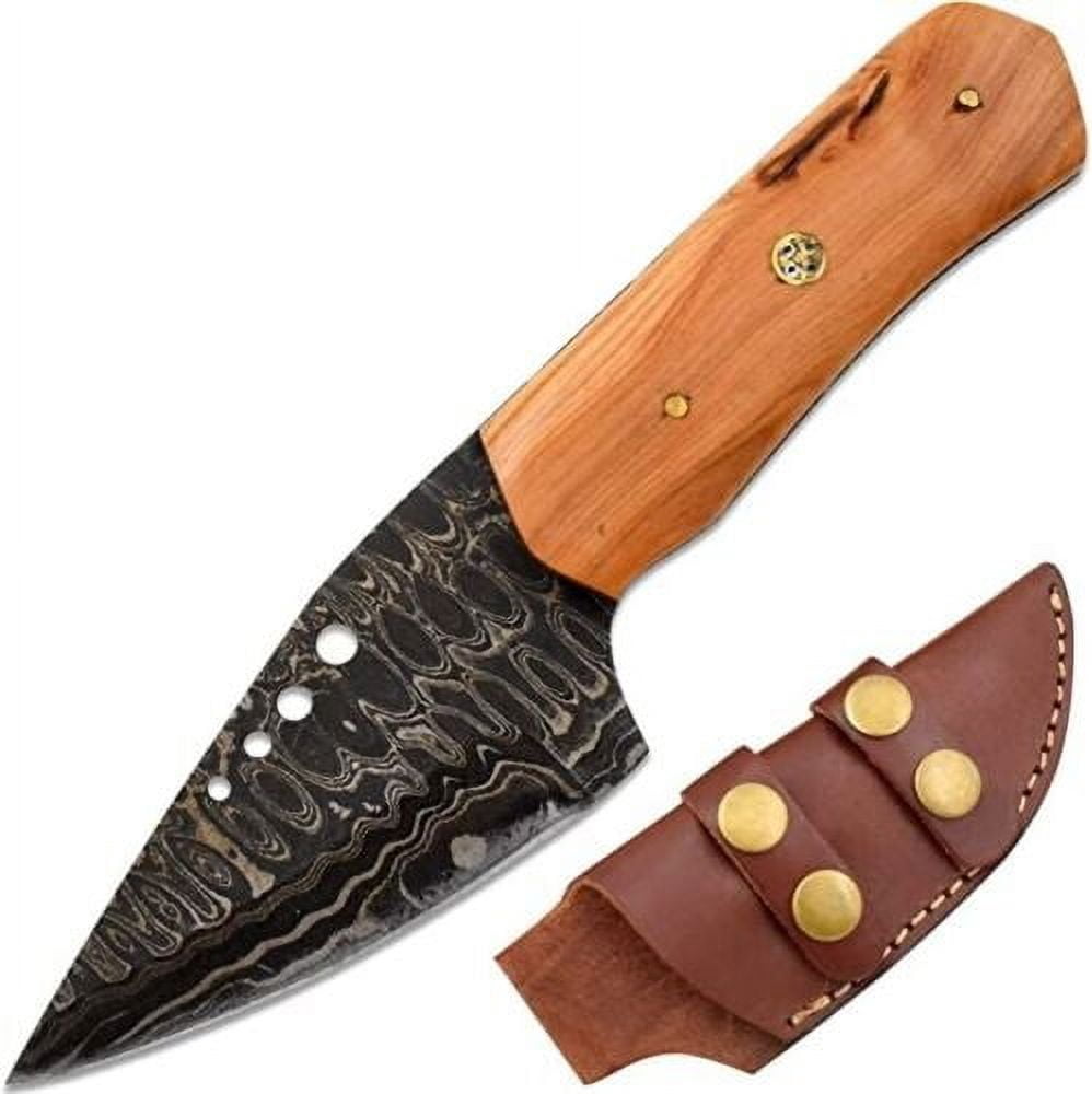 Damascus Steel Blade Razor Sharp Hunting Knife with Leather Sheath