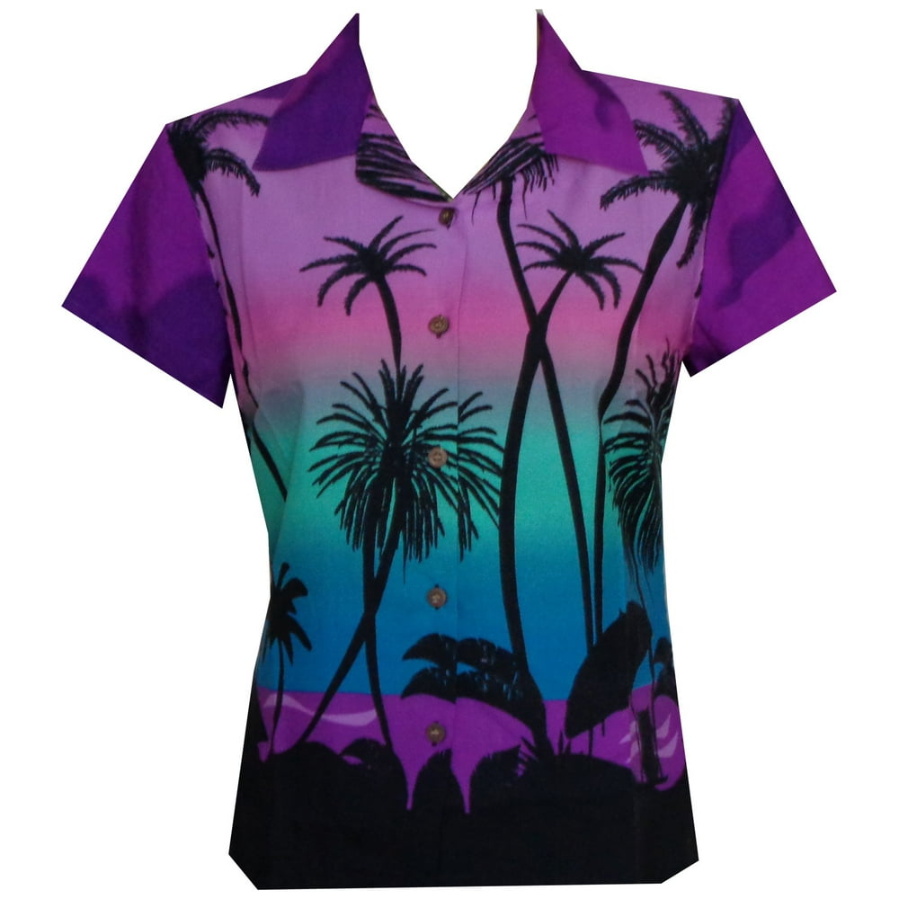 Alvish Hawaiian Shirt 42W Women Coconut Tree Print Aloha Top Blouse