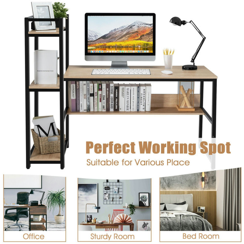 Demi Bonn 59" Computer Desk Office Workstation 4-Tier Storage Shelves, Small Home Study Writing Table, Beige