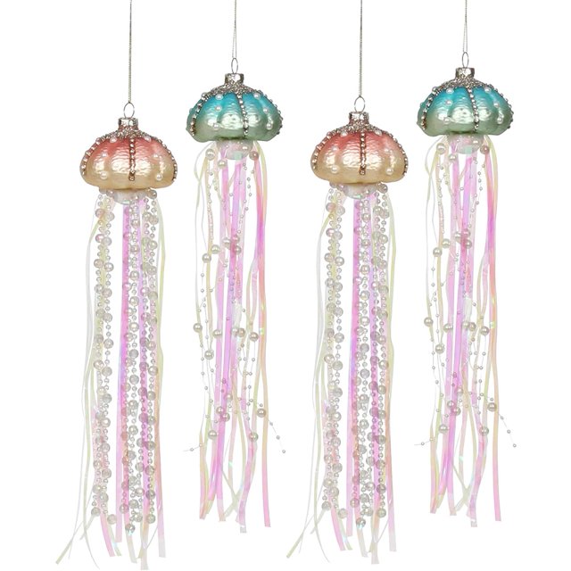 Bienvenido Adornos navideños de medusas de vidrio, juego de decoraciones costeras para árboles de Navidad, decoración de adornos colgantes de vidrio, decoraciones para árboles de Navidad de playa de