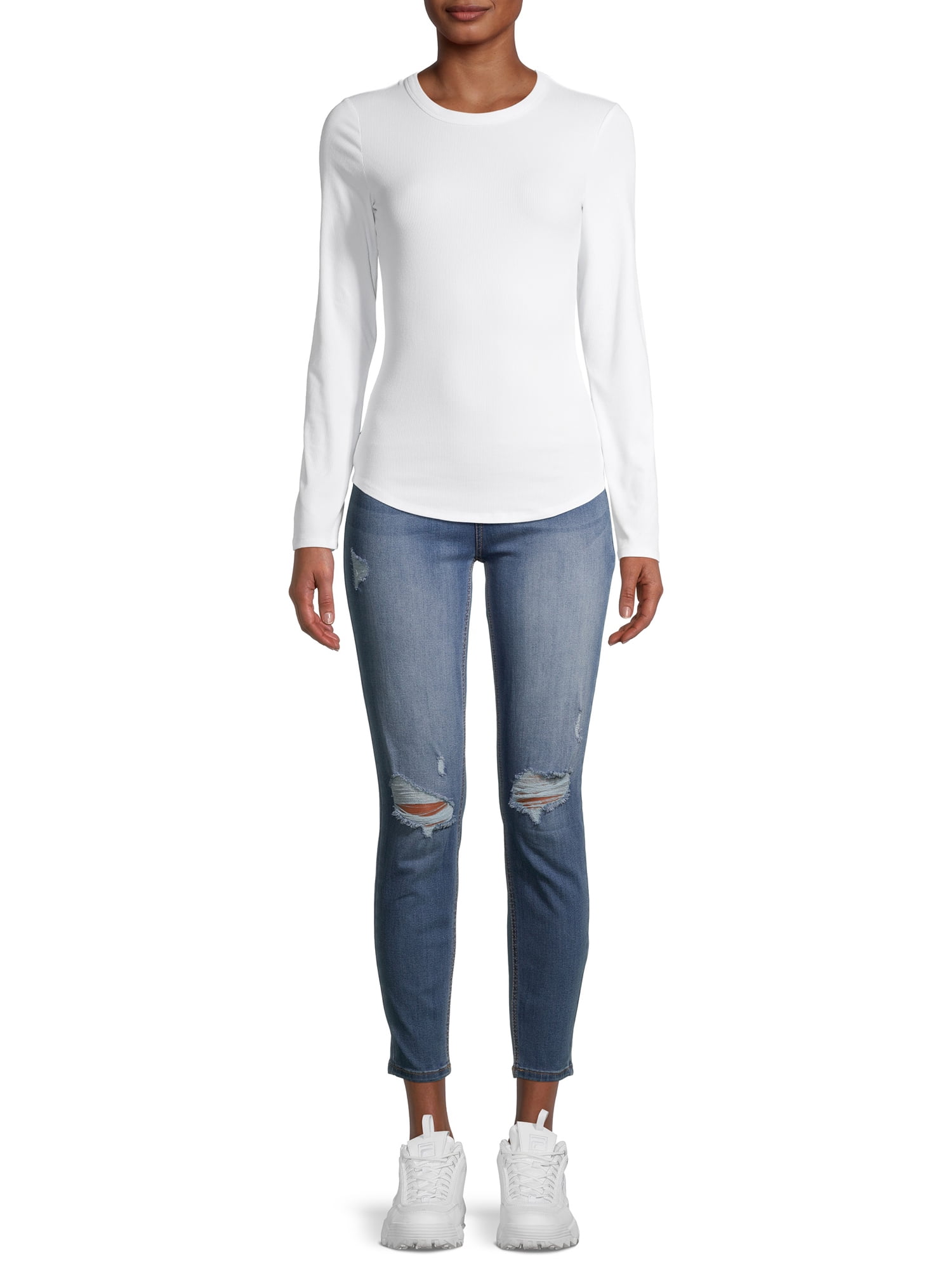 No Boundaries Girl's Ribbed Long Sleeve Crew Neck T-Shirts, 3 Pack