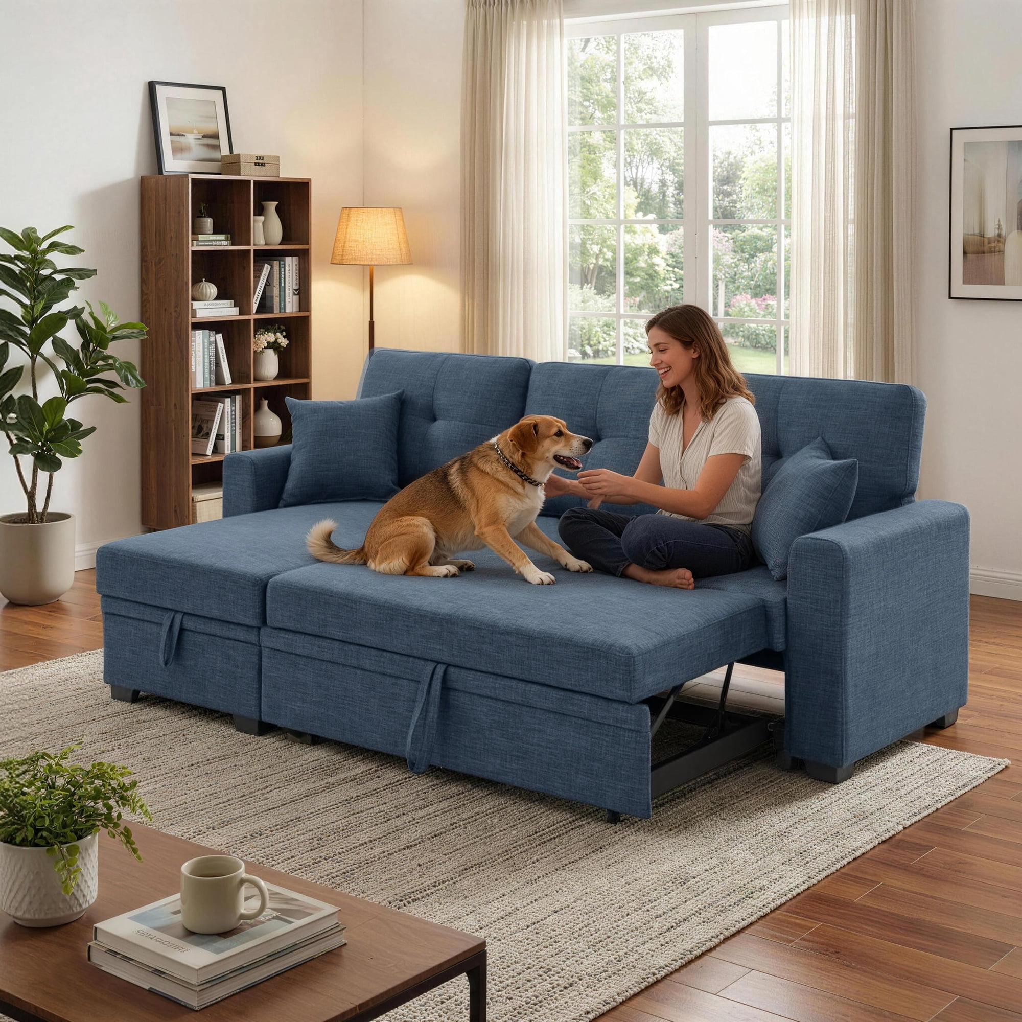 AENKYO Convertible L-Shaped Sectional Sofa Sleeper with Pull-Out Bed and Storage Chaise, Linen Upholstered Couch for Living Room，Blue