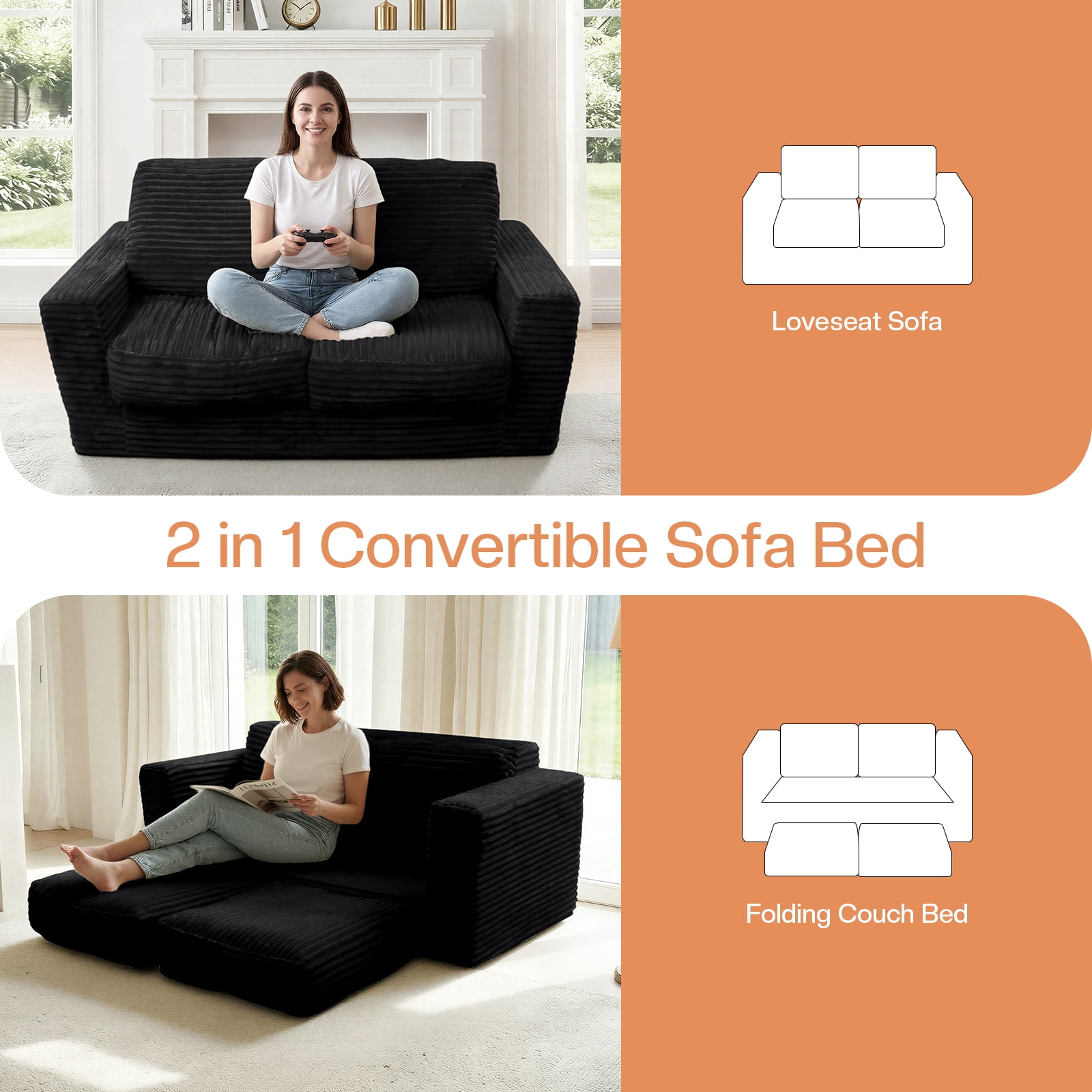 Kelyda 61''Boneless Loveseat Sofa, Modern Cloud Convertible Sofa Bed Couch Sleeper Chairs for Living Room Black
