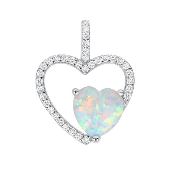 925 Sterling Silver Created White Heart shape Opal Cubic Zirconia Heart Pendant for Women