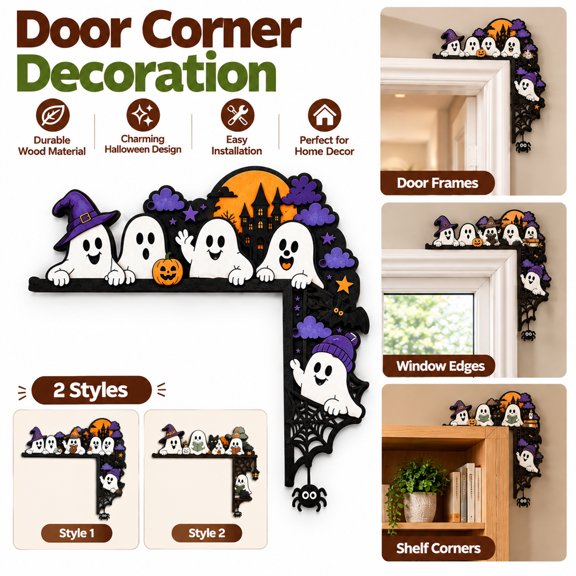 Velmasee Halloween Ghost Door Corner Decoration, Wooden Spooky Cute Design Damage-Free Mount, Festive Ornament for Home Halloween Party Doorway Wall Decor