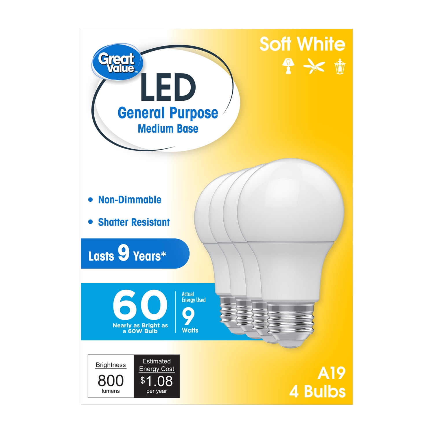 Great Value LED Light Bulbs, 60 Watts Eqv, Soft White, A19 General Purpose Light Bulbs, 9yr, 4 pack