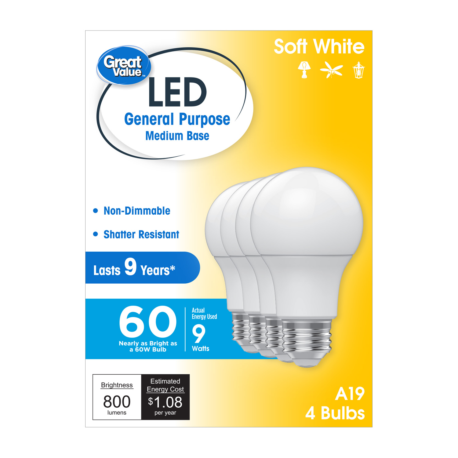 Great Value LED A19 Light Bulbs, 60W Equivalent, Soft White, 4-Pack photo 8
