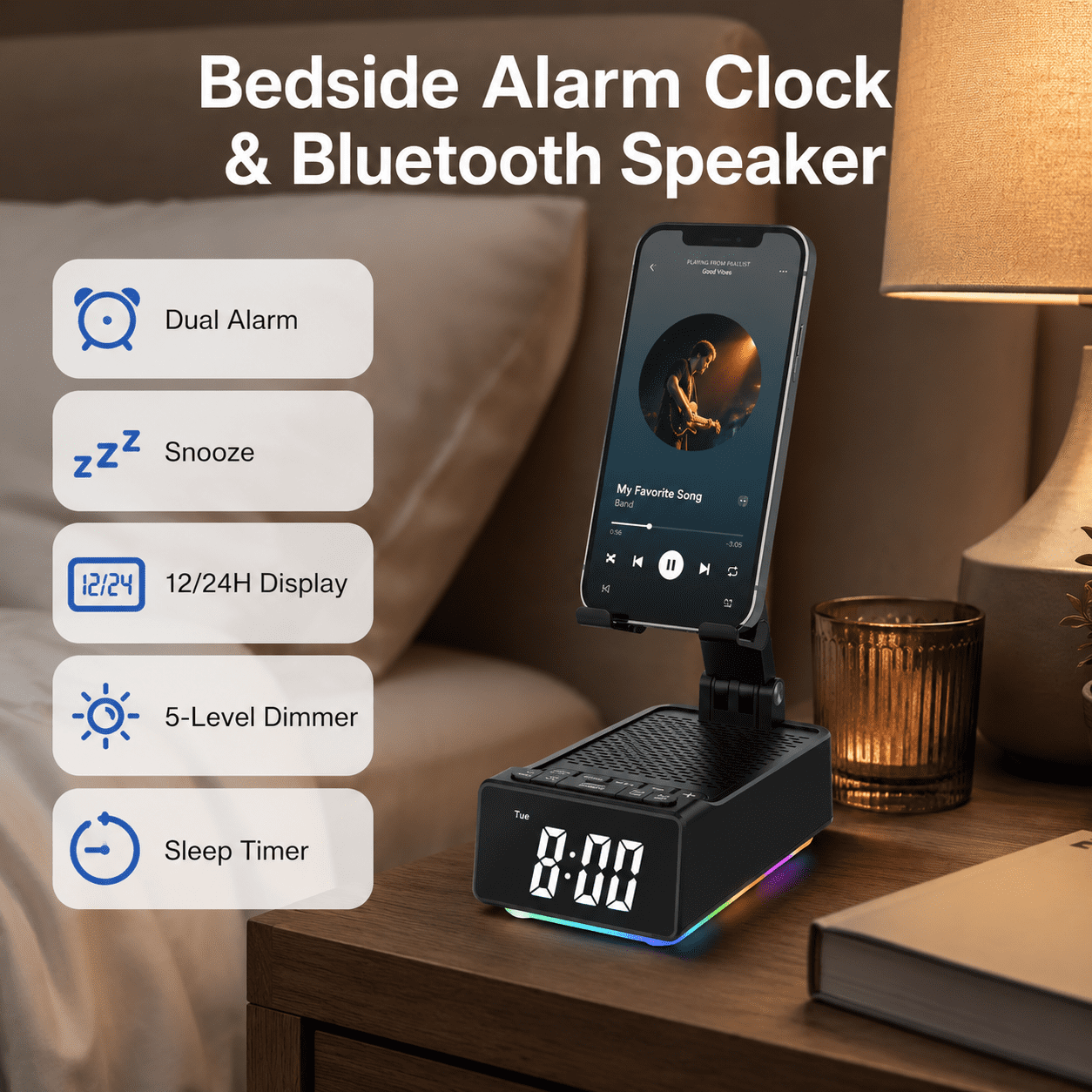 JDMEOPD Cell Phone Stand with Bluetooth Speaker and Alarm Clock, 7-in-1 Phone Holder with LED Clock, RGB Light, USB-C Charging