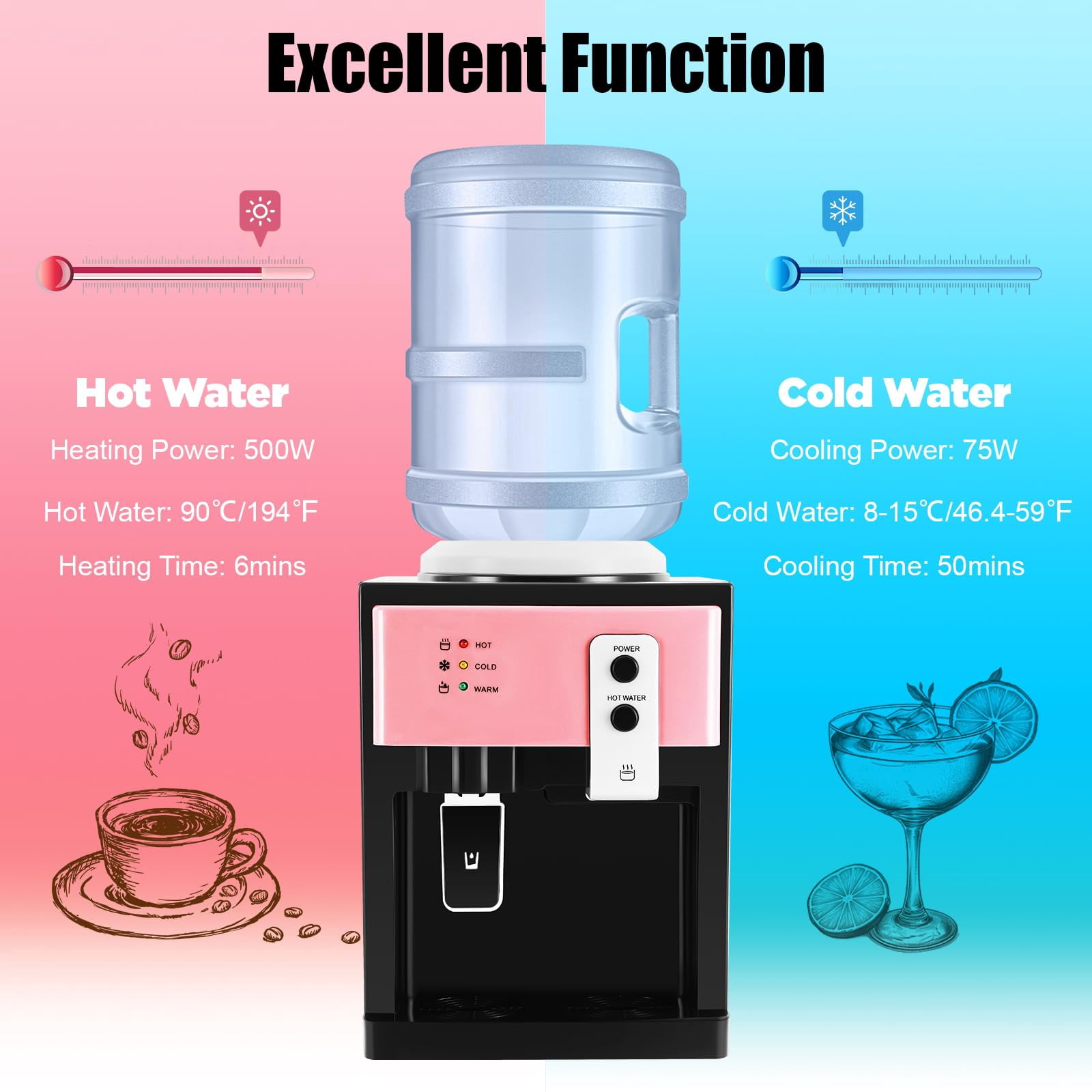 Top Loading Water Cooler Dispenser, for 1 to 5 Gallon Bottles, Three Water Temperature Settings (Hot/Cold/Warm), Efficient Cooling & Heating for Home, Office, and School Use