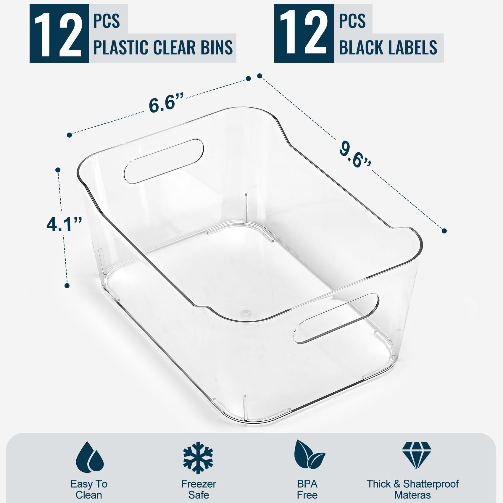 12 PACK Multiuse Clear Plastic Organizer Bins with Labels for Home Kitchen Bathroom Office Pantry Cabinet Shelf RV Fridge Storage