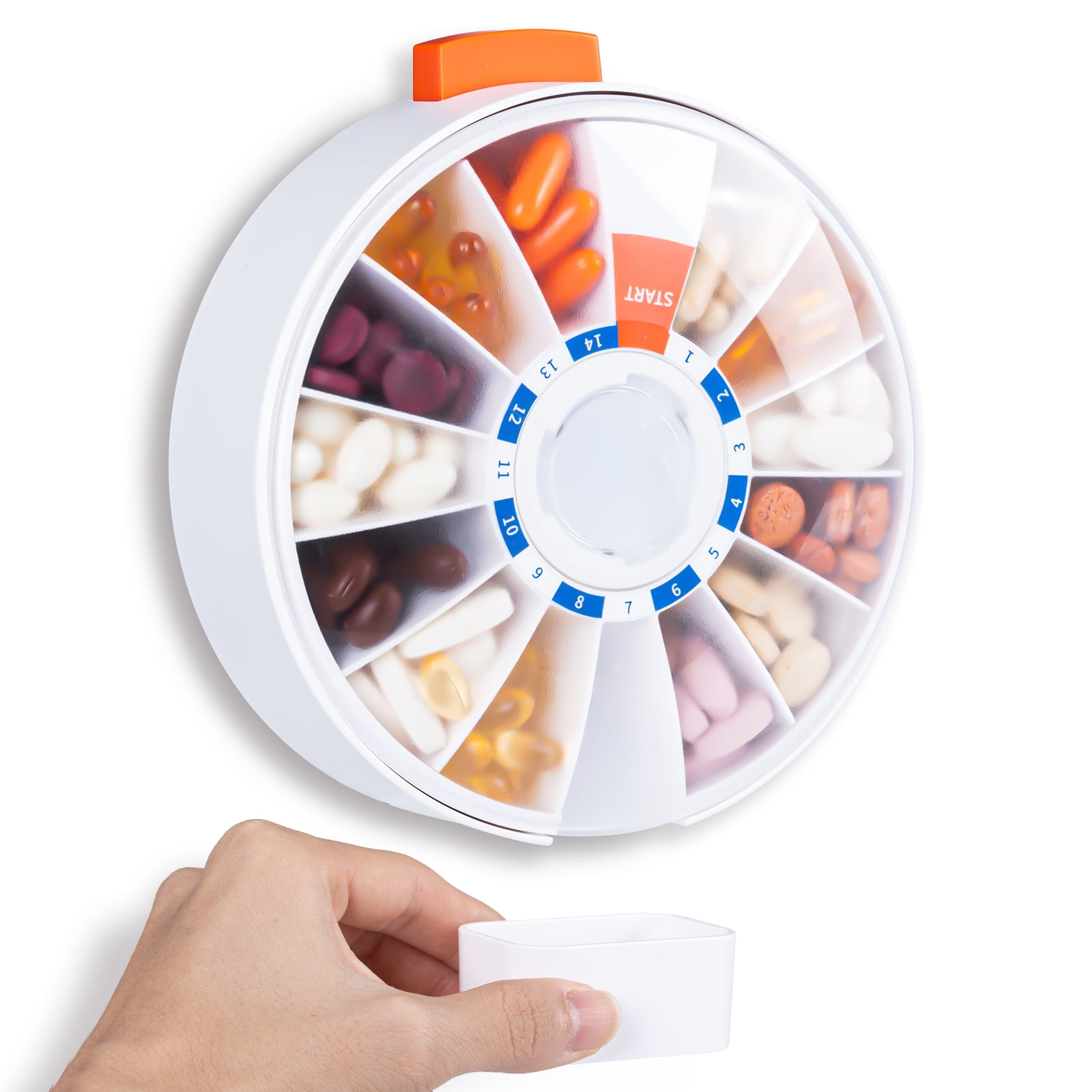 14 Day Pill Dispenser, Large Pill Organizer for Wall-Mounting or Standing Use, Daily Pill Box with Push Button Design, Weekly Pill Organizer for Vitamin and Medicines