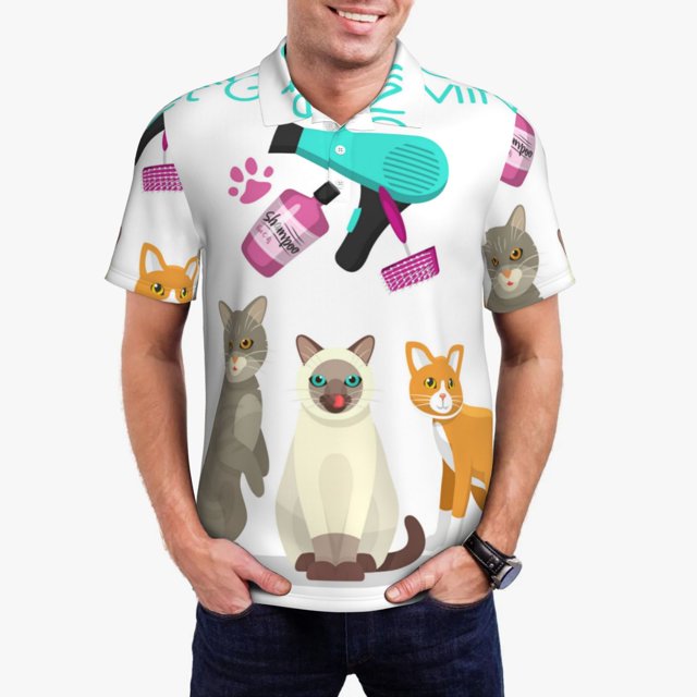 Fotbe Pet Care Grooming Pattern Men’s Golf Polo Shirt – Breathable Performance Golf Shirt with Button-Down Collar-X-Large