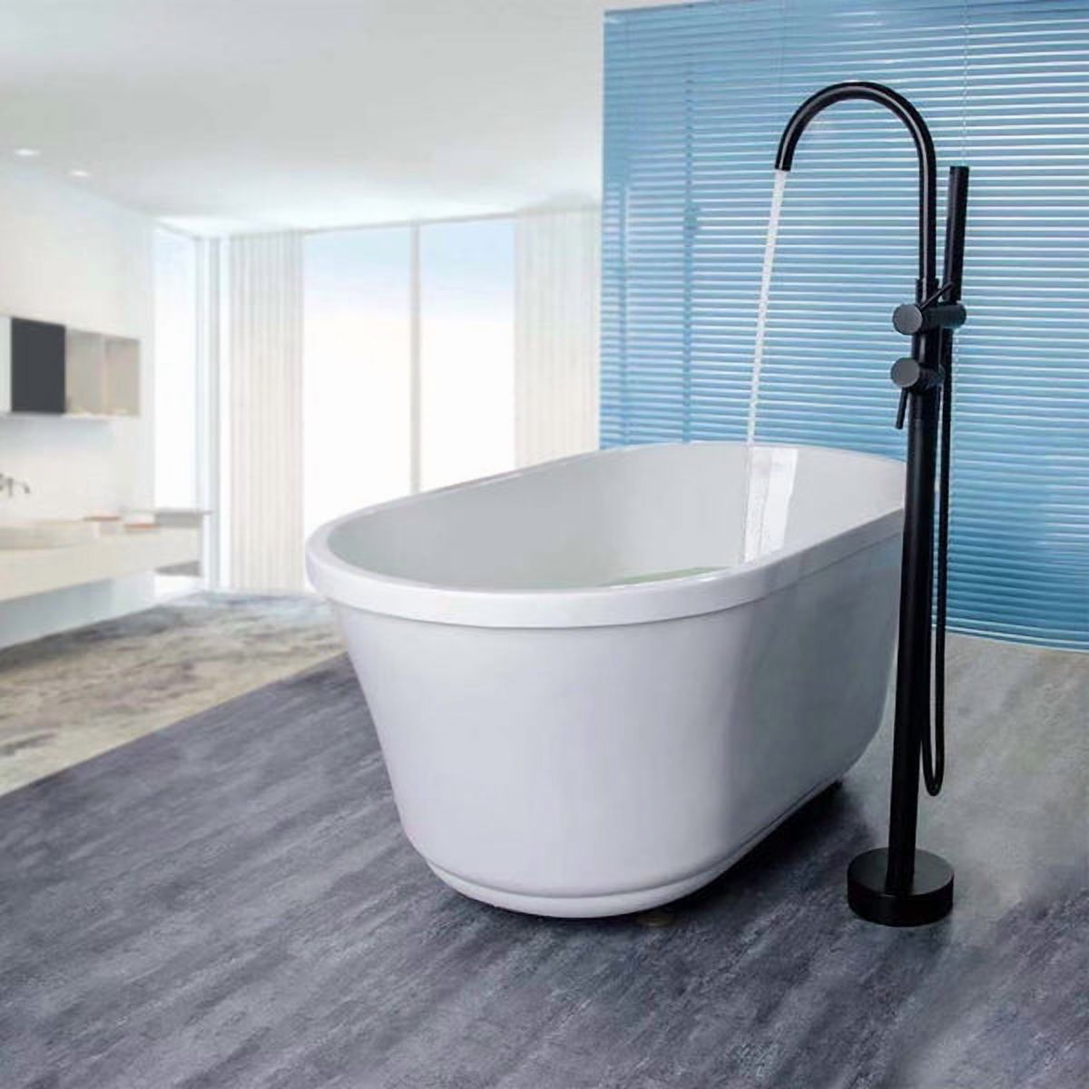 ANGELES HOME 2-Handle Free Standing Floor Mount Bathroom Tub Faucets with Handheld Shower in Matte Black