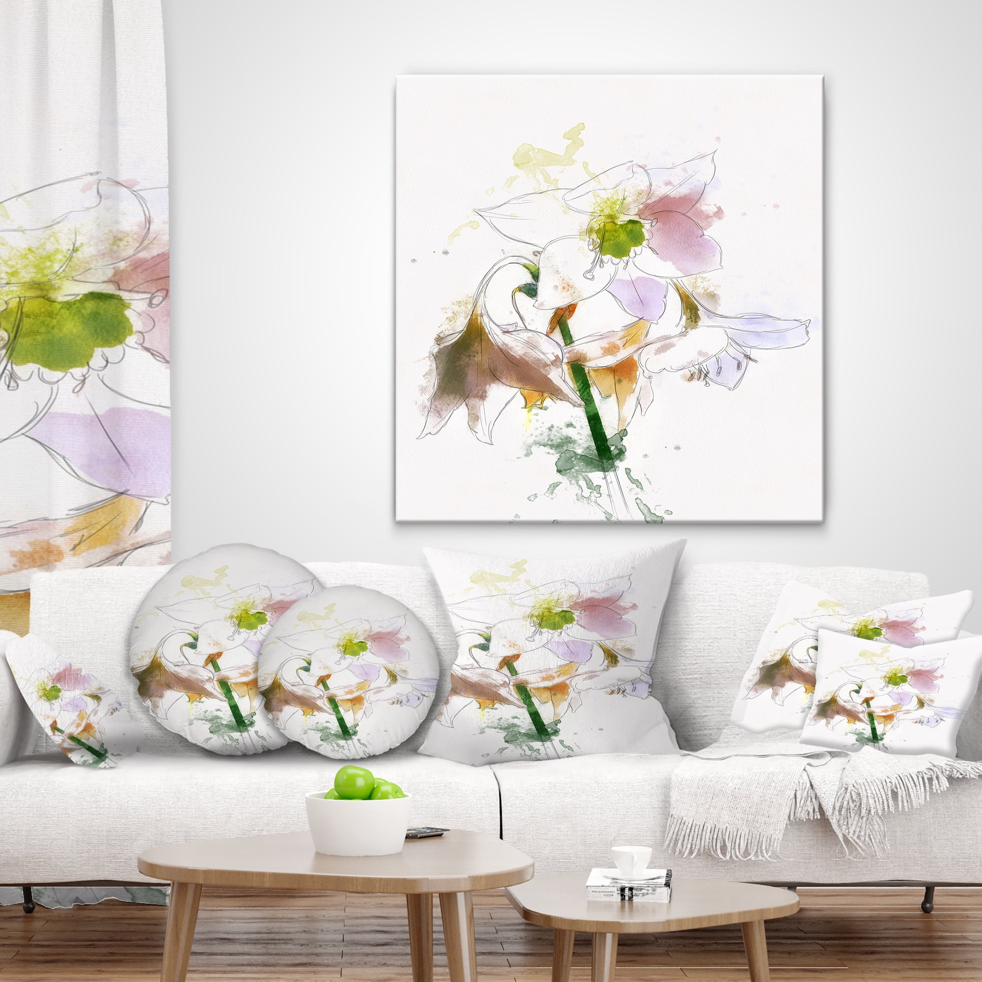 Designart Large Petal Watercolor Flower Sketch - Floral Throw Pillow - 18x18
