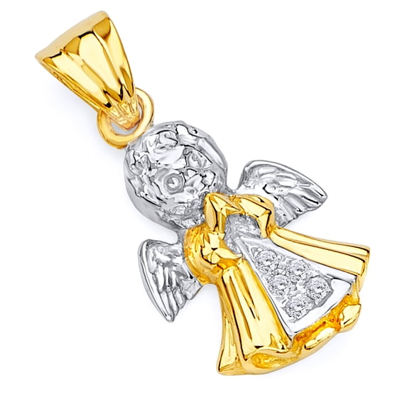 Wellingsale 14K Two 2 Tone White and Yellow Gold Polished Diamond Cut Cherub Angel Charm Pendant with CZ Accents
