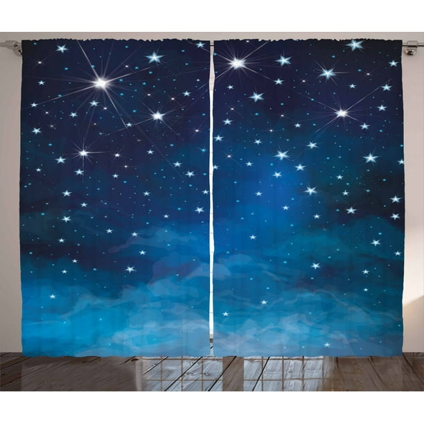 Night Curtains 2 Panels Set, Vibrant Star in Abstract Ombre Style Sky