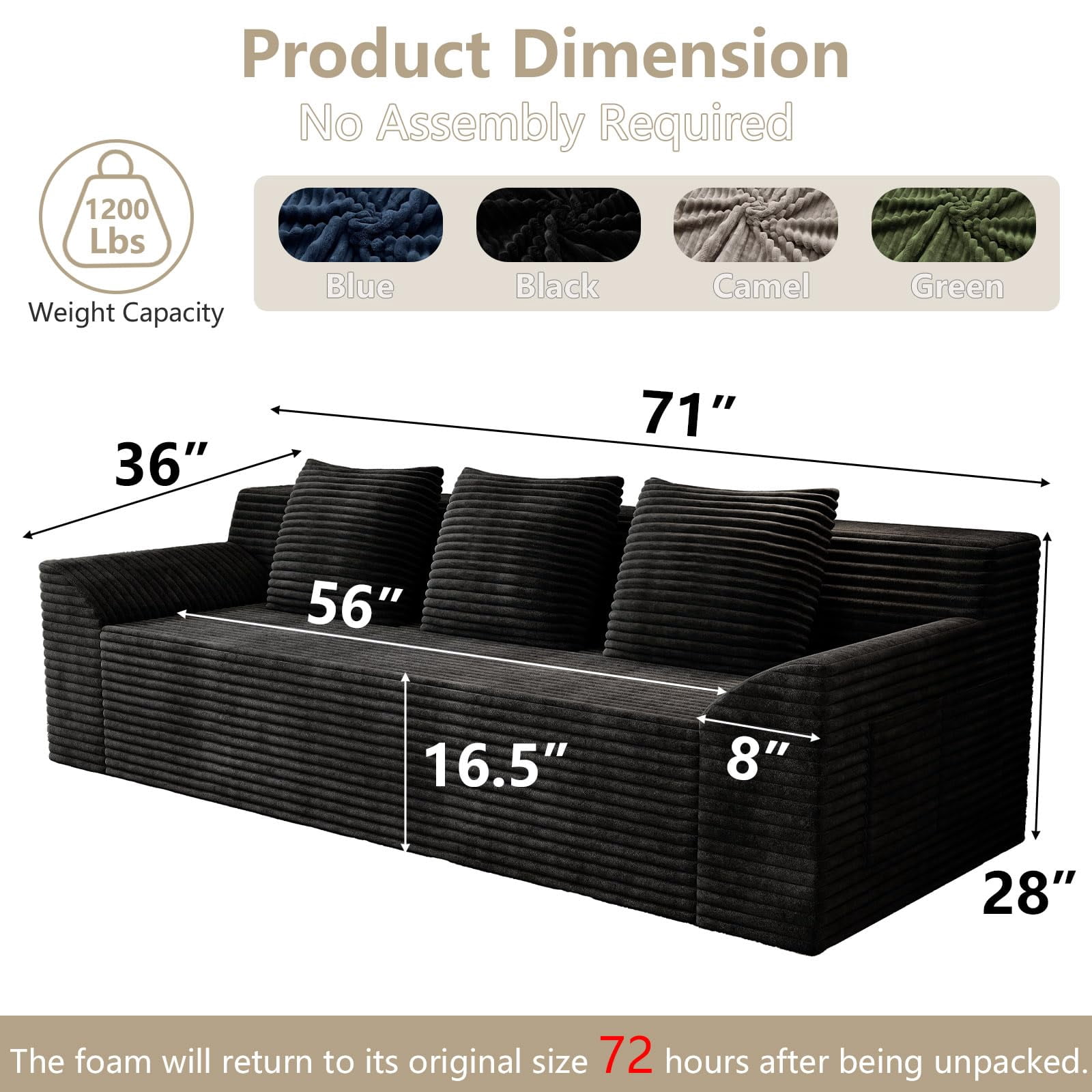 71" Modern Corduroy Small Loveseat, Cloud Memory Foam Compressed Couch in a Box, Boneless Space-Saving Sofa for Living Room Bedroom Apartment, No Assembly