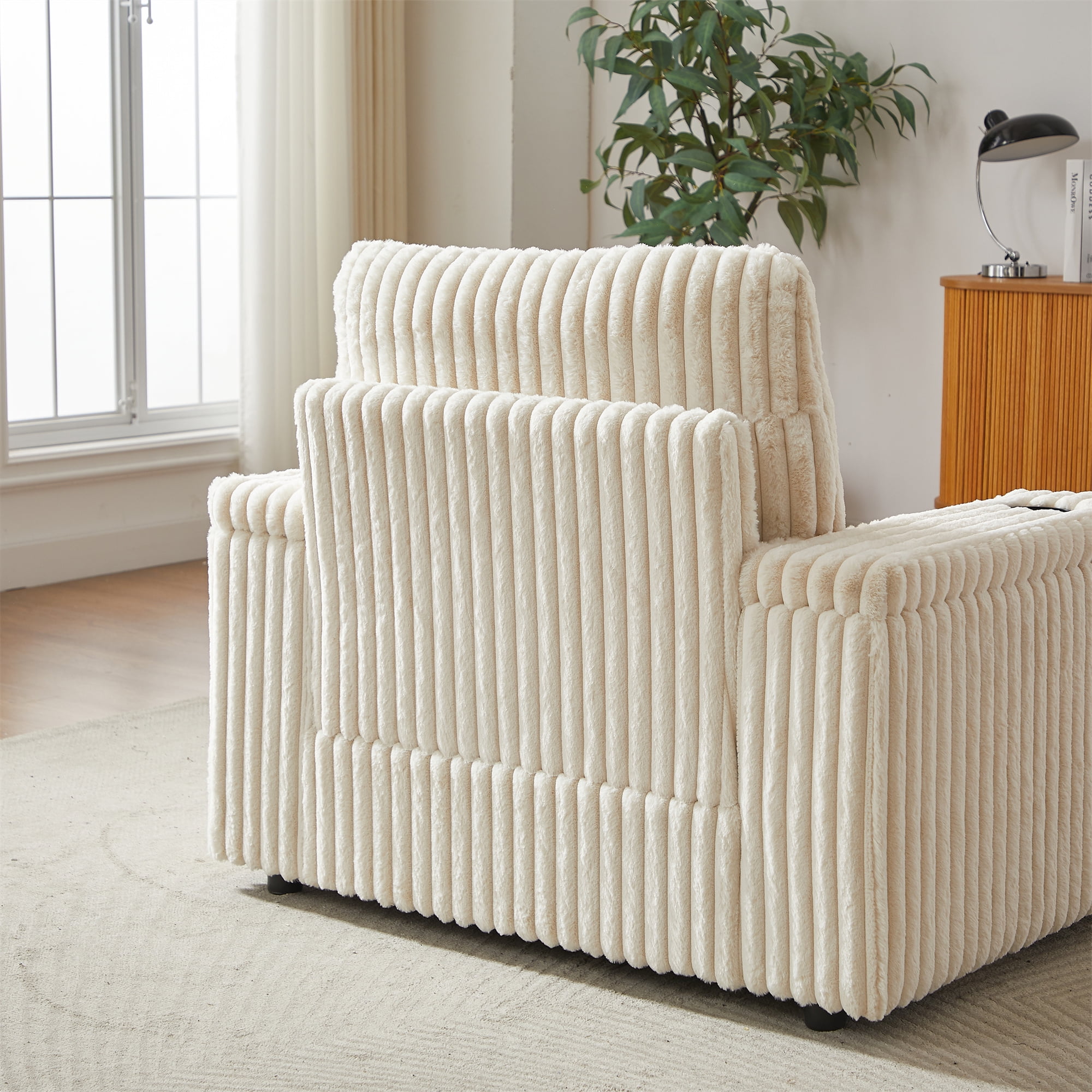 Aukfa 43" Corduroy Chaise Lounge w/ 2 Cupholders, Storage Bench & Arm, Plush Chair Bed, Beige