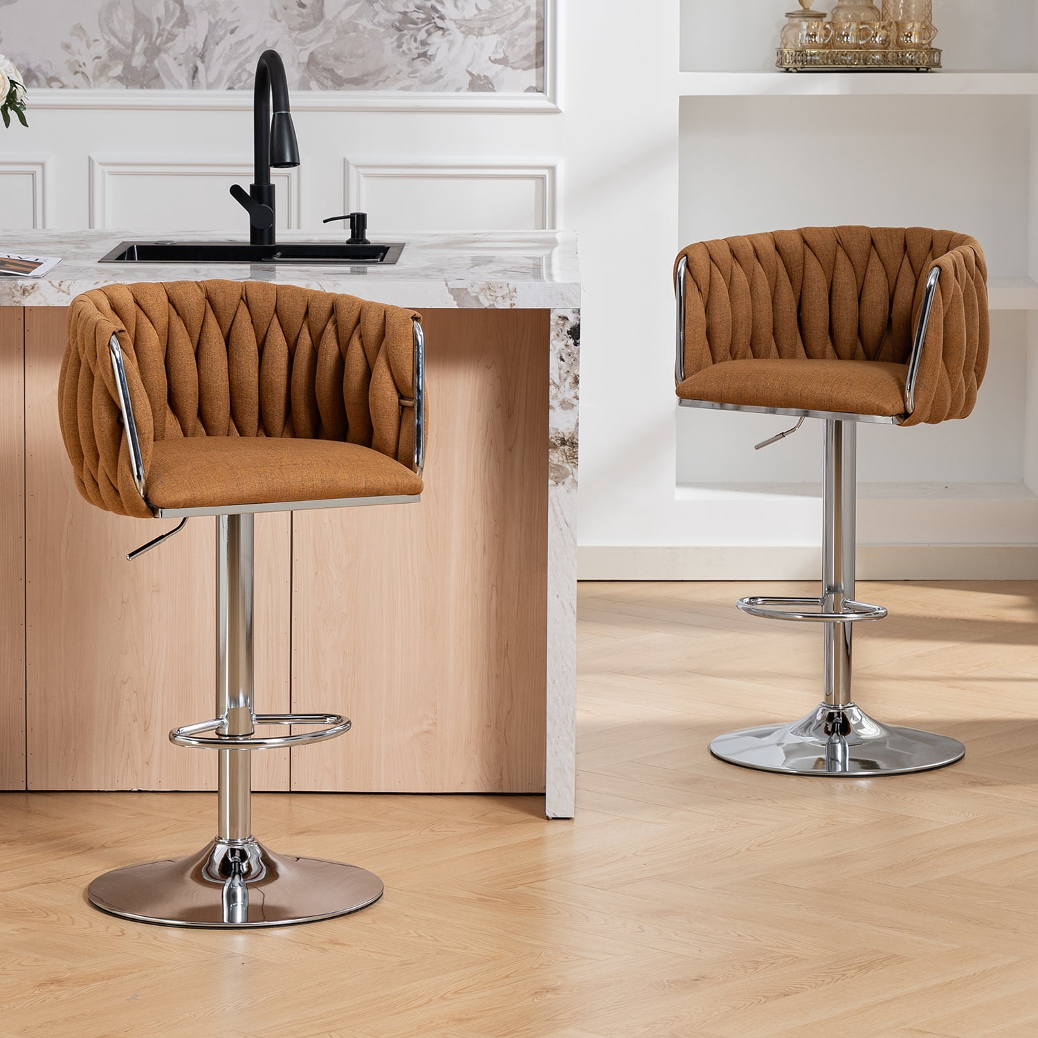 Swivel Bar Stool Set of 2, Adjustable Counter Height Chair with Woven Back and Footrest for Kitchen Cafe, Caramel