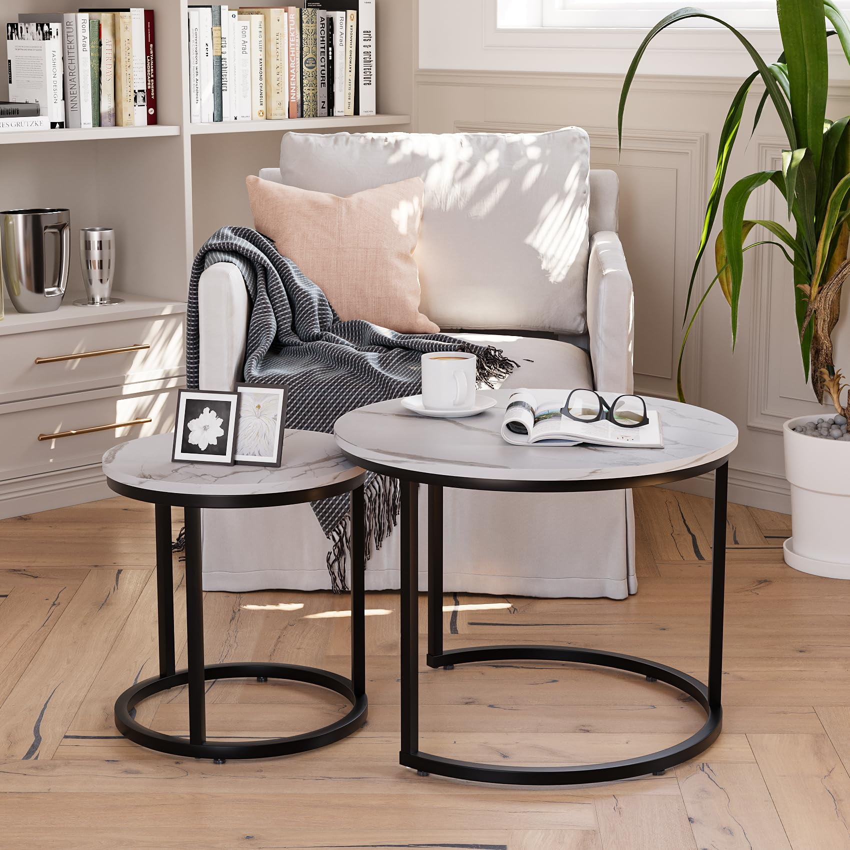 Semiocthome Modern Nesting Coffee Table Set,End Table for Living Room, 23.6" W, White,Marble Pattern