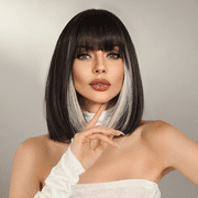 Creamily 12 Short Wig for Women Short Bob Wigs with Bangs Synthetic Glueless Straight Black Bob Wigs with Grey Highlight