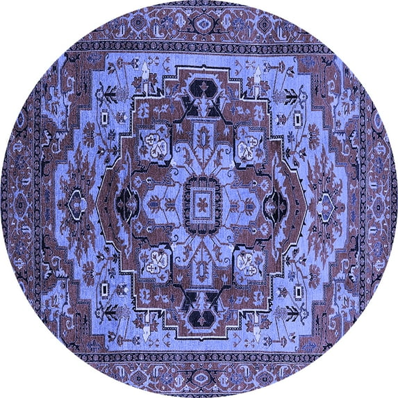 Ahgly Company Machine Washable Indoor Round Oriental Blue Industrial Area Rugs, 4' Round