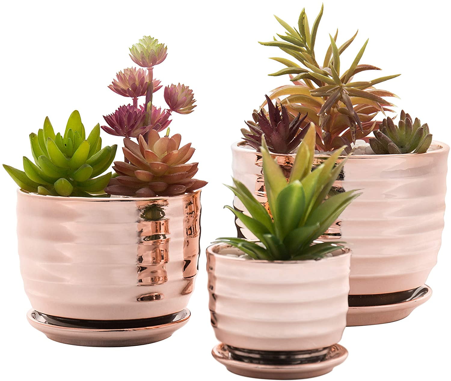 MyGift  Set of 4 Modern Round 3.5 Inch Rose Gold Ceramic Flower Planter Pots 