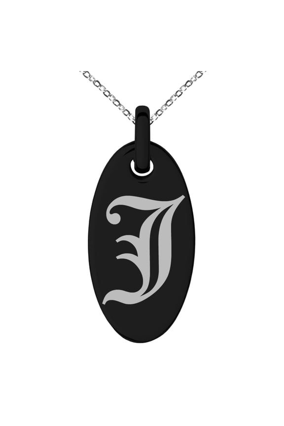 Stainless Steel Letter J Initial Old English Monogram Engraved Small Oval Charm Pendant Necklace