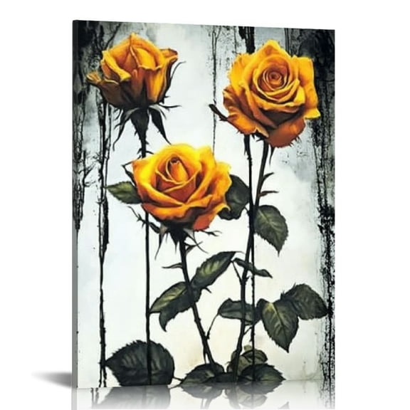 Acheng Rose Canvas Wall Art Yellow Flower Picture Print Wall Decor Black and White Painting Vintage Artwork for Modern Home Living Room Bedroom Bathroom Decor Framed 12x16 in