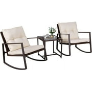 SOLAURA 3-Piece Outdoor Rocking Chairs Set with Table Patio Brown Wicker Bistro Set for Garden, Backyards and Pools, Beige Cushions
