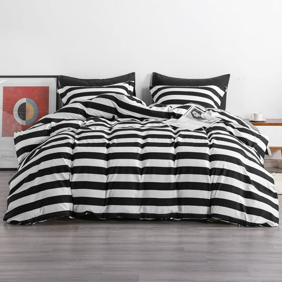 Ntbay 3-Pieces Microfiber Ultra Soft Striped Print Duvet Cover Set with Zipper Closure and Corner Ties, Black and White, Queen